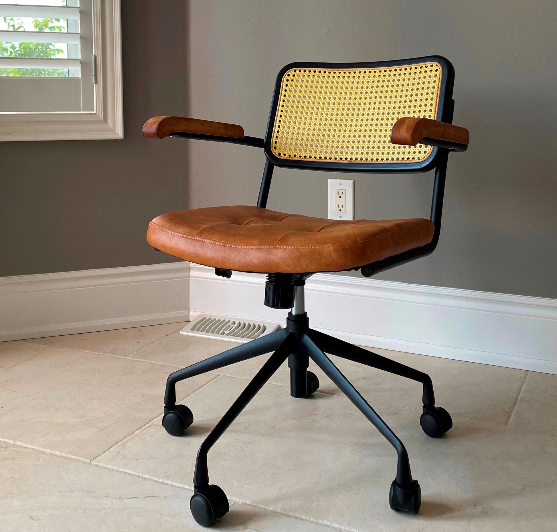 Rattan back Swivel Elton Arm Office Chair with Brown Distressed PU