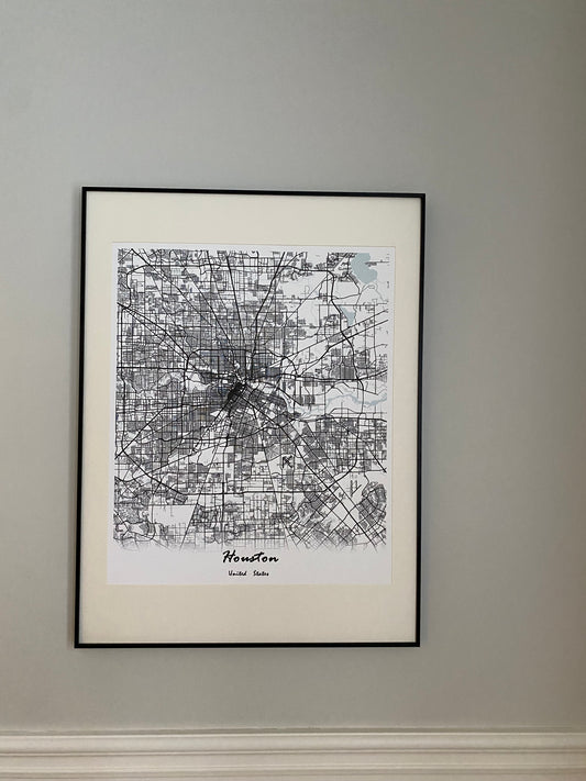 Houston City Print Map Wall Art with Frame